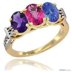 10K Yellow Gold Natural Amethyst, Pink Topaz & Tanzanite Ring 3-Stone Oval 7x5 mm Diamond Accent