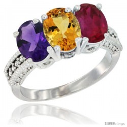 10K White Gold Natural Amethyst, Citrine & Ruby Ring 3-Stone Oval 7x5 mm Diamond Accent