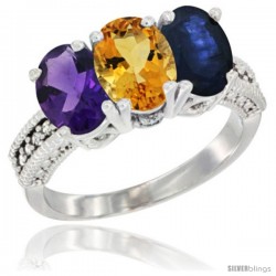 10K White Gold Natural Amethyst, Citrine & Blue Sapphire Ring 3-Stone Oval 7x5 mm Diamond Accent