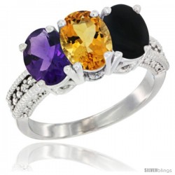 10K White Gold Natural Amethyst, Citrine & Black Onyx Ring 3-Stone Oval 7x5 mm Diamond Accent