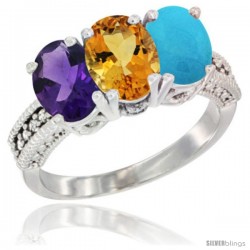 10K White Gold Natural Amethyst, Citrine & Turquoise Ring 3-Stone Oval 7x5 mm Diamond Accent