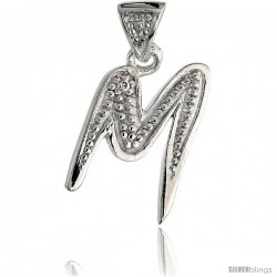 Sterling Silver Fancy Initial Letter M Initial Pendant CZ Stone, 3/4 in long