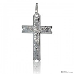 Sterling Silver Floral Vine Designed Crucifix Pendant, 1 7/16 in. (37 mm) tall w/ 18 in. Thin Box Chain