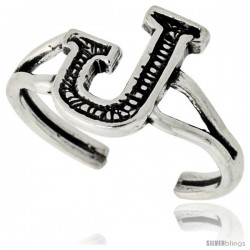 Sterling Silver Initial Letter J Alphabet Toe Ring / Baby Ring, Adjustable sizes 2.5 to 5, 3/8 in wide