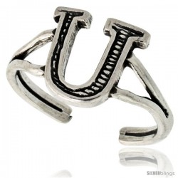 Sterling Silver Initial Letter U Alphabet Toe Ring / Baby Ring, Adjustable sizes 2.5 to 5, 3/8 in wide