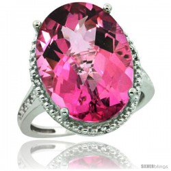 Sterling Silver Diamond Natural Pink Topaz Ring 13.56 Carat Oval Shape 18x13 mm, 3/4 in (20mm) wide