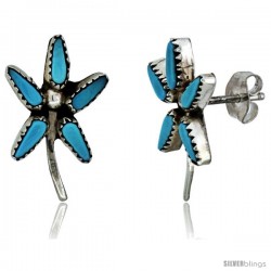 Sterling Silver Handcrafted Blue Turquoise Flower Stud Earrings (Genuine Zuni Tribe American Indian Jewelry) 3/4 in. (19 mm)