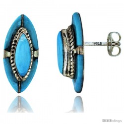 Sterling Silver Handcrafted Blue Turquoise Marquise Stud Earrings (Genuine Zuni Tribe American Indian Jewelry) 11/16 in