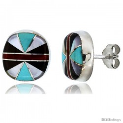 Sterling Silver Handcrafted Multi Color Round Stud Earrings (Genuine Zuni Tribe American Indian Jewelry) 7/16 in. (11 mm)