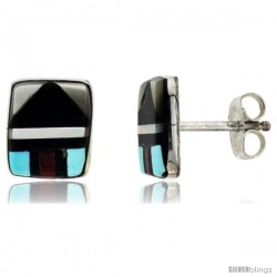 Sterling Silver Handcrafted Multi Color Square Stud Earrings (Genuine Zuni Tribe American Indian Jewelry) 3/8 in. (9 mm)