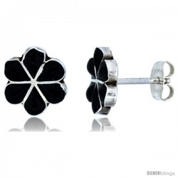 Sterling Silver Handcrafted Black Onyx Flower Stud Earrings (Genuine Zuni Tribe American Indian Jewelry) 3/8 in. (10 mm)