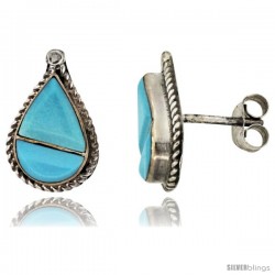 Sterling Silver Handcrafted Blue Turquoise Teardrop Stud Earrings (Genuine Zuni Tribe American Indian Jewelry) 9/16 in. (15 mm)