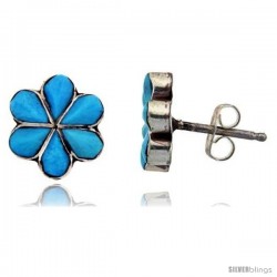 Sterling Silver Handcrafted Blue Turquoise Stud Earrings (Genuine Zuni Tribe American Indian Jewelry) 1 in. (25 mm)