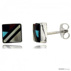 Sterling Silver Handcrafted Multi Color Square Stud Earrings (Genuine Zuni Tribe American Indian Jewelry) 5/16 in. (8 mm)