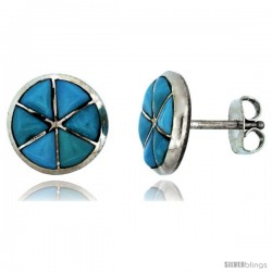 Sterling Silver Handcrafted Blue Turquoise Round Stud Earrings (Genuine Zuni Tribe American Indian Jewelry) 3/8 in. (10 mm)