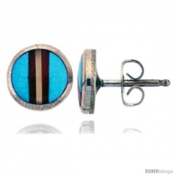 Sterling Silver Handcrafted Multi Color Round Stud Earrings (Genuine Zuni Tribe American Indian Jewelry) 5/16 in. (8.5 mm)