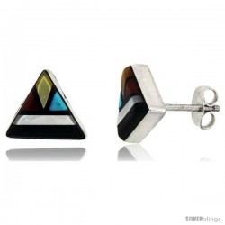 Sterling Silver Handcrafted Multi Color Triangle Stud Earrings (Genuine Zuni Tribe American Indian Jewelry) 3/8 in. (10 mm)