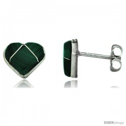 Sterling Silver Handcrafted Green Malachite Heart Stud Earrings (Genuine Zuni Tribe American Indian Jewelry) 5/16 in. (8 mm)