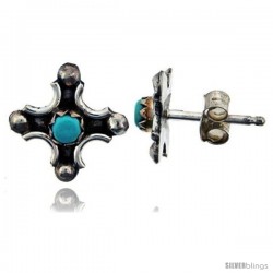 Sterling Silver Handcrafted Blue Turquoise Stud Earrings (Genuine Zuni Tribe American Indian Jewelry) 1 in. (25 mm) -Style Je32