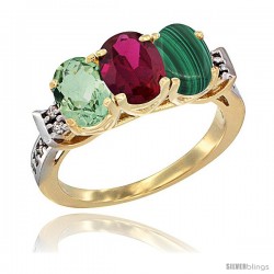 10K Yellow Gold Natural Green Amethyst, Ruby & Malachite Ring 3-Stone Oval 7x5 mm Diamond Accent