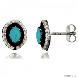 Sterling Silver Handcrafted Blue Turquoise Oval Stud Earrings (Genuine Zuni Tribe American Indian Jewelry) 3/8 in. (10 mm)