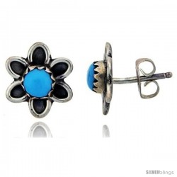 Sterling Silver Handcrafted Blue Turquoise Stud Earrings (Genuine Zuni Tribe American Indian Jewelry) 1 in. (25 mm) -Style Je35