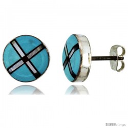 Sterling Silver Handcrafted Blue Turquoise Round Stud Earrings (Genuine Zuni Tribe American Indian Jewelry) 3/ -Style Je4