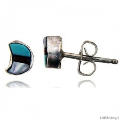 Sterling Silver Handcrafted Blue Turquoise Stud Earrings (Genuine Zuni Tribe American Indian Jewelry) 1 in. (25 mm) -Style Je40