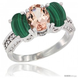 10K White Gold Natural Morganite & Malachite Sides Ring 3-Stone Oval 7x5 mm Diamond Accent