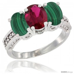 10K White Gold Natural Ruby & Malachite Sides Ring 3-Stone Oval 7x5 mm Diamond Accent