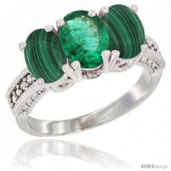 10K White Gold Natural Emerald & Malachite Sides Ring 3-Stone Oval 7x5 mm Diamond Accent