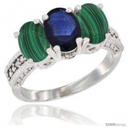 10K White Gold Natural Blue Sapphire & Malachite Sides Ring 3-Stone Oval 7x5 mm Diamond Accent