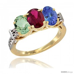 10K Yellow Gold Natural Green Amethyst, Ruby & Tanzanite Ring 3-Stone Oval 7x5 mm Diamond Accent