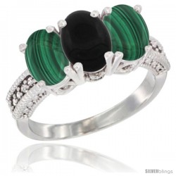 10K White Gold Natural Black Onyx & Malachite Sides Ring 3-Stone Oval 7x5 mm Diamond Accent