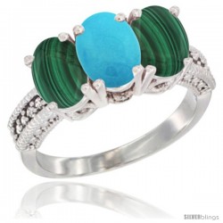 10K White Gold Natural Turquoise & Malachite Sides Ring 3-Stone Oval 7x5 mm Diamond Accent