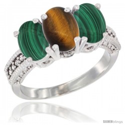 10K White Gold Natural Tiger Eye & Malachite Sides Ring 3-Stone Oval 7x5 mm Diamond Accent