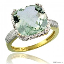 10k Yellow Gold Diamond Green-Amethyst Ring 5.94 ct Checkerboard Cushion 11 mm Stone 1/2 in wide