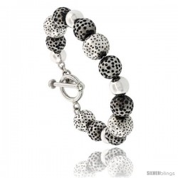 Sterling Silver Matte Finish Dotted & Plain Ball Bead Bracelet Toggle-clasp 8.5 in long