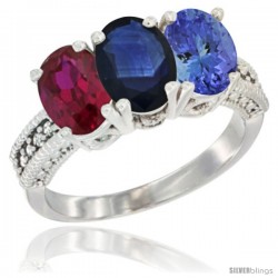 14K White Gold Natural Ruby, Blue Sapphire & Tanzanite Ring 3-Stone Oval 7x5 mm Diamond Accent