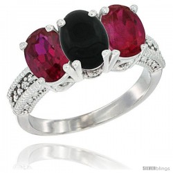 14K White Gold Natural Black Onyx & Ruby Sides Ring 3-Stone Oval 7x5 mm Diamond Accent