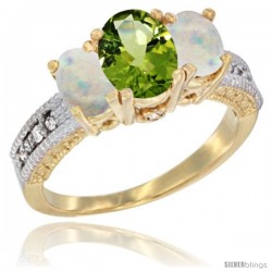 10K Yellow Gold Ladies Oval Natural Peridot 3-Stone Ring with Opal Sides Diamond Accent