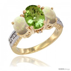 10K Yellow Gold Ladies 3-Stone Oval Natural Peridot Ring with Opal Sides Diamond Accent