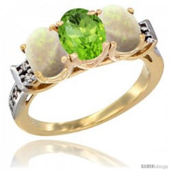 10K Yellow Gold Natural Peridot & Opal Sides Ring 3-Stone Oval 7x5 mm Diamond Accent