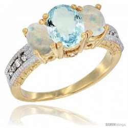 10K Yellow Gold Ladies Oval Natural Aquamarine 3-Stone Ring with Opal Sides Diamond Accent