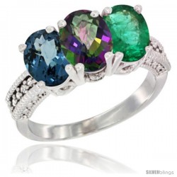 14K White Gold Natural London Blue Topaz, Mystic Topaz & Emerald Ring 3-Stone 7x5 mm Oval Diamond Accent