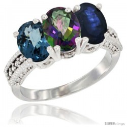 14K White Gold Natural London Blue Topaz, Mystic Topaz & Blue Sapphire Ring 3-Stone 7x5 mm Oval Diamond Accent