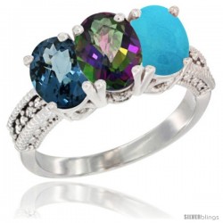 14K White Gold Natural London Blue Topaz, Mystic Topaz & Turquoise Ring 3-Stone 7x5 mm Oval Diamond Accent