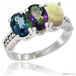 14K White Gold Natural London Blue Topaz, Mystic Topaz & Opal Ring 3-Stone 7x5 mm Oval Diamond Accent