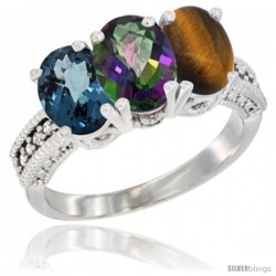 14K White Gold Natural London Blue Topaz, Mystic Topaz & Tiger Eye Ring 3-Stone 7x5 mm Oval Diamond Accent