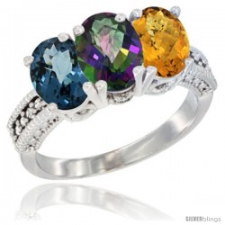 14K White Gold Natural London Blue Topaz, Mystic Topaz & Whisky Quartz Ring 3-Stone 7x5 mm Oval Diamond Accent